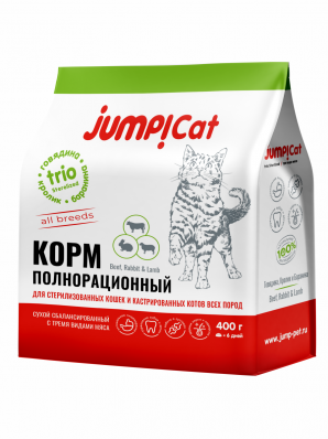 Jump!Cat Trio сухой корм для стерилизованных кошек и кастрированных котов три вида мяса говядина, баранина, кролик 0,4 кг